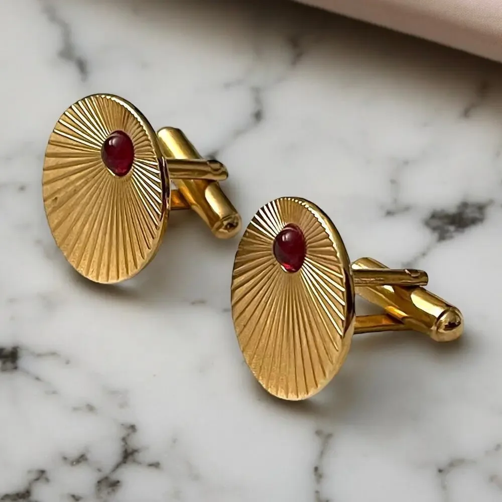 Vintage Hickok Cufflinks Mens Gold Tone Red Glass Cabochons Art Deco Signed USA